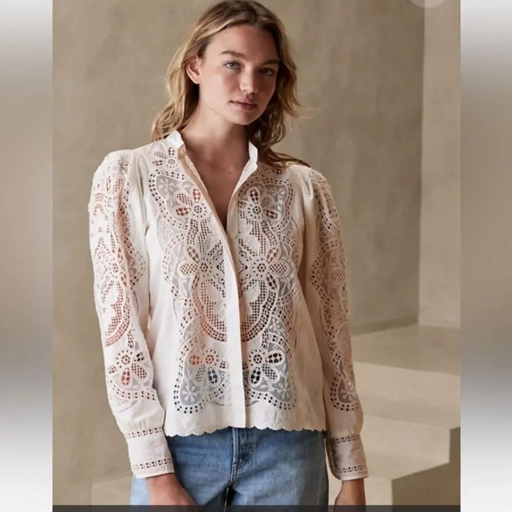Banana Republic Top Marianna Lace Cotton White Peasant Victorian Women sz Medium